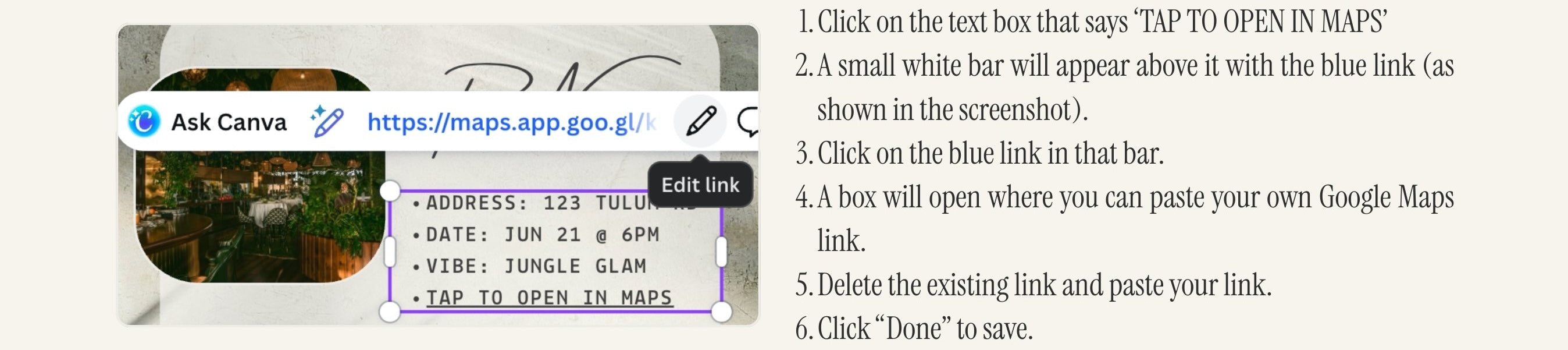 Step by step Canva tutorial for adding and editing Google Maps links in your luxury girls trip travel itinerary invitation template