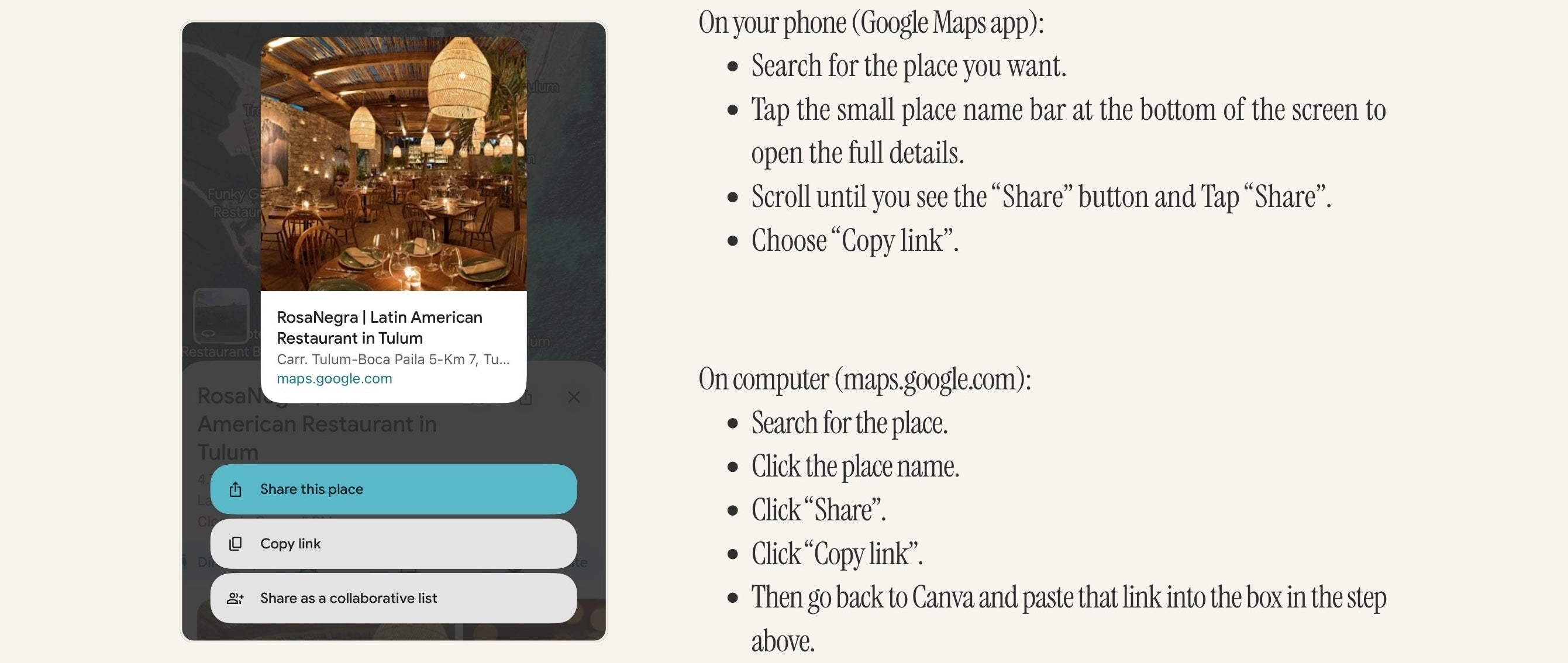 Google Maps tutorial for copying and sharing location links to add into your luxury girls trip travel itinerary digital invitation template in Canva