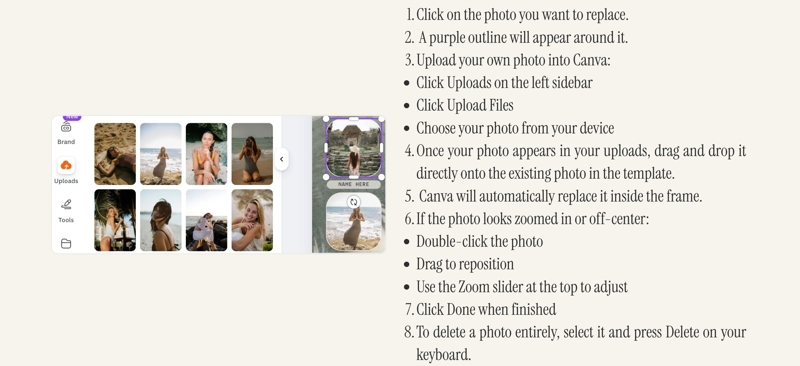 Canva tutorial for replacing photos in your luxury girls trip travel itinerary digital invitation template and customizing images for your trip