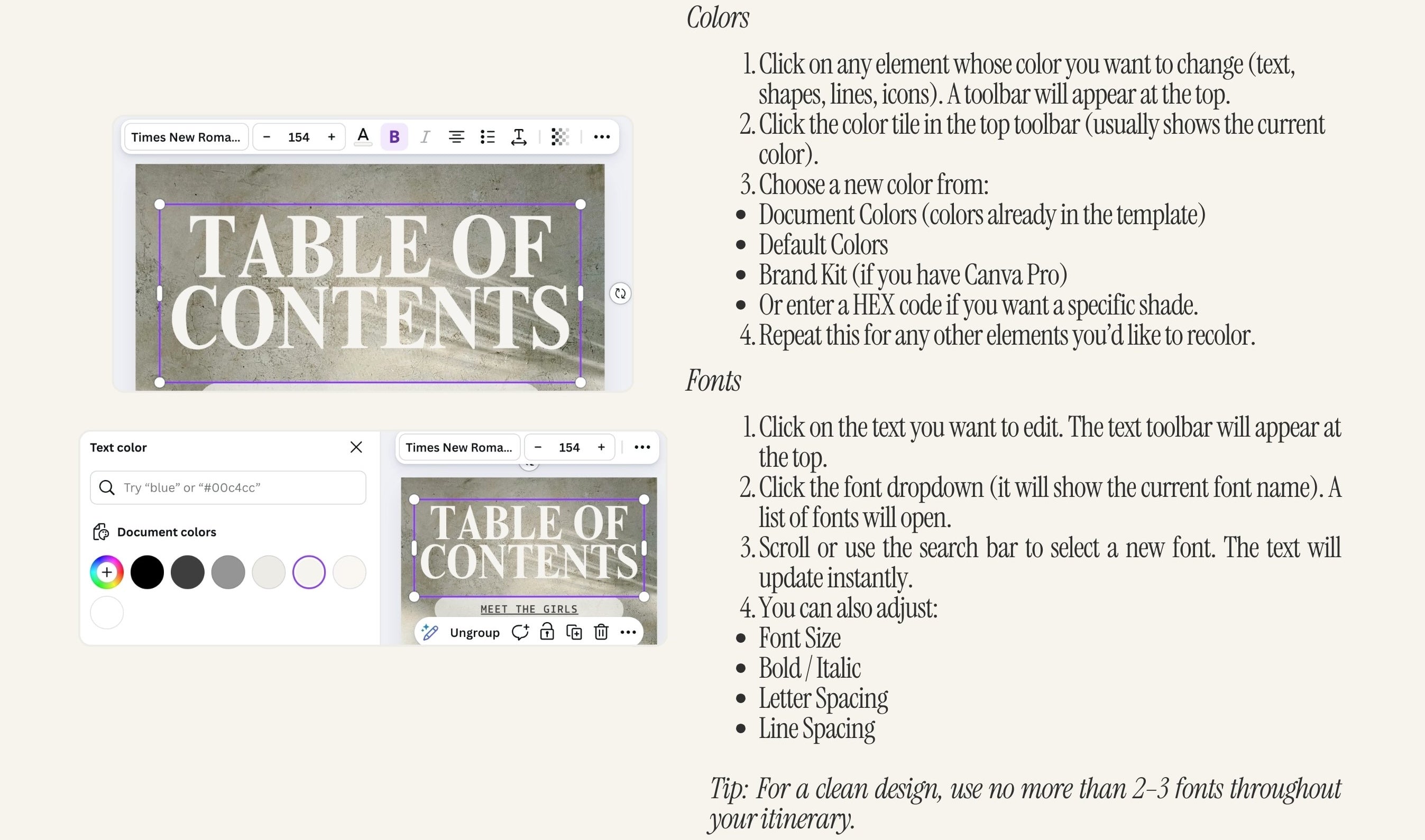 Canva tutorial for changing colors and fonts in your luxury girls trip travel itinerary digital invitation template to match your personal brand aesthetic