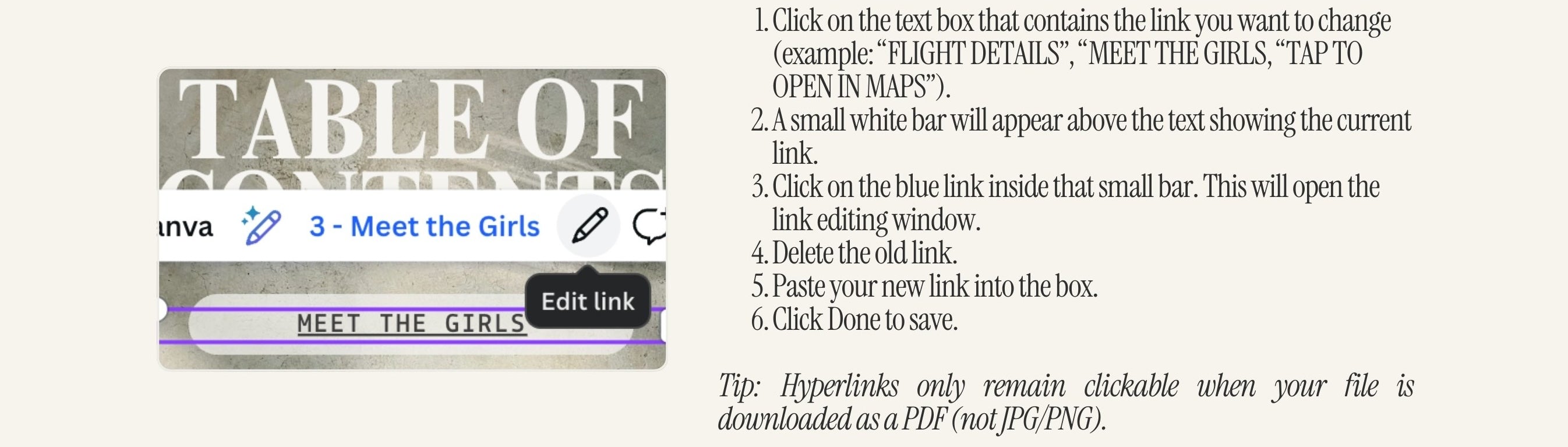Canva tutorial for editing hyperlinks in your luxury girls trip travel itinerary digital invitation template and updating clickable sections