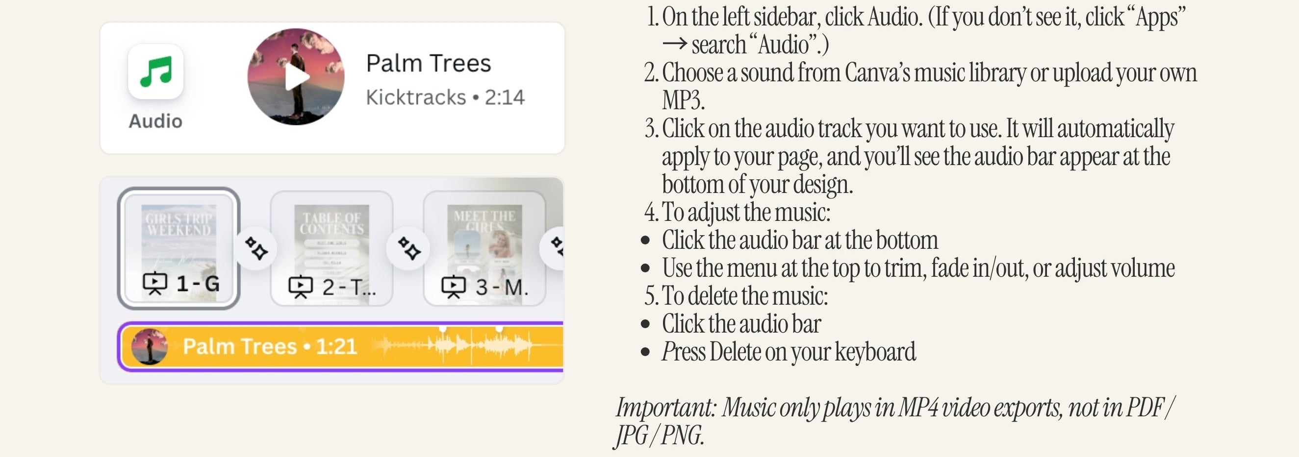 Canva tutorial for adding and editing music in your luxury girls trip travel itinerary digital invitation template video export