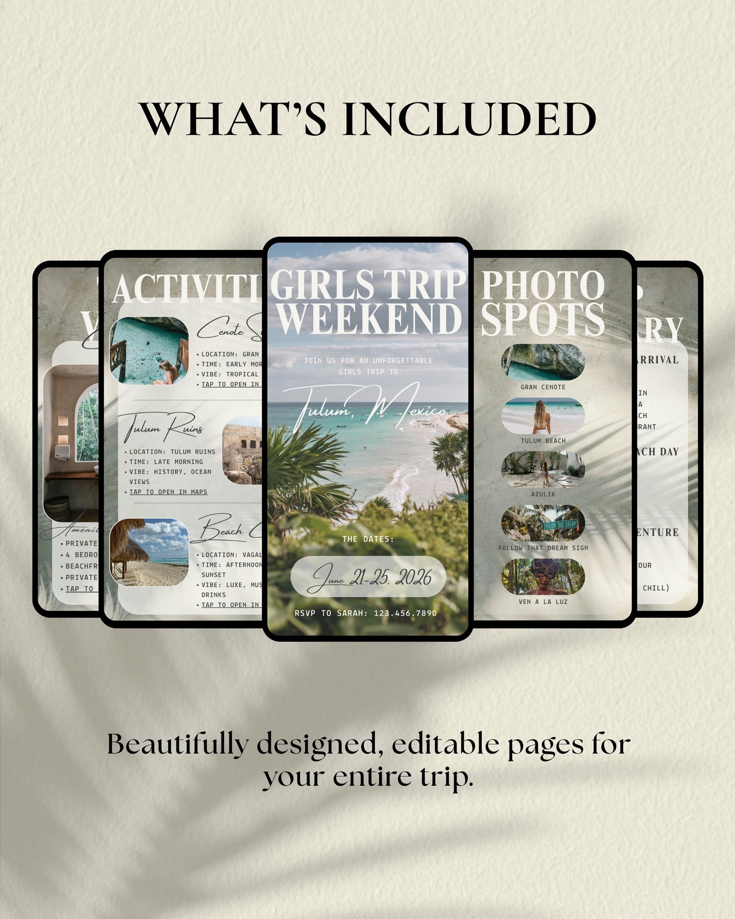 Editable girls trip travel itinerary template preview for Tulum Mexico, luxury bachelorette weekend digital planner pages