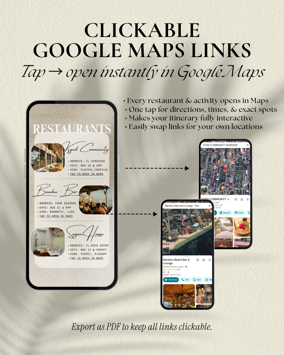 Bali luxury itinerary template with clickable Google Maps links showing interactive restaurants and activities page, tap to open directions in Google Maps, fully editable Canva travel itinerary and vacation planner with embedded map links for a Bali girls trip weekend, instant digital download, digital invitation planner