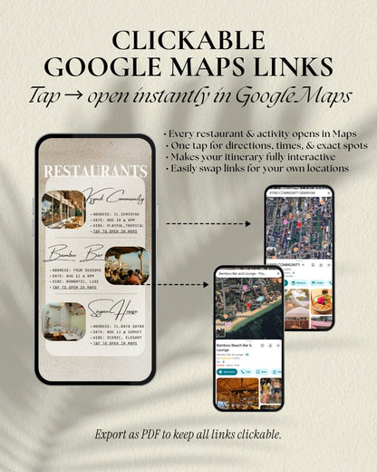 Bali luxury itinerary template with clickable Google Maps links showing interactive restaurants and activities page, tap to open directions in Google Maps, fully editable Canva travel itinerary and vacation planner with embedded map links for a Bali girls trip weekend, instant digital download, digital invitation planner