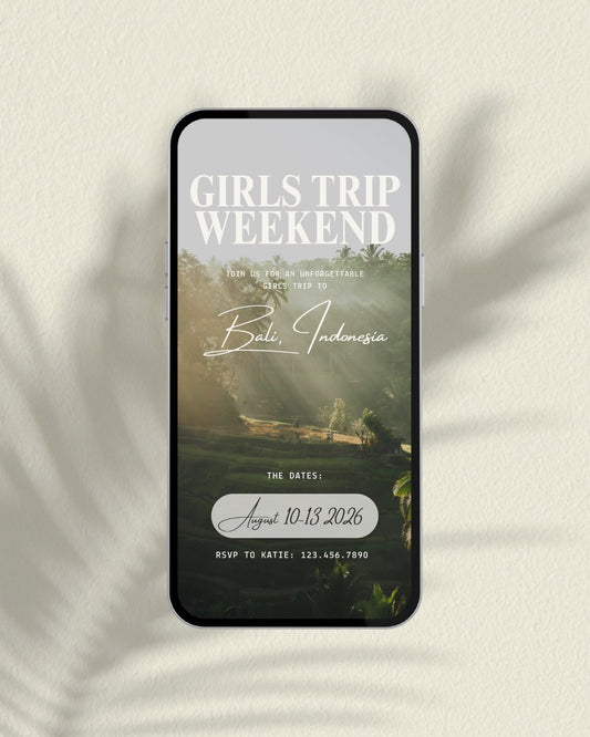 Bali girls trip weekend itinerary template for Bali Indonesia featuring luxury tropical travel design and editable Canva digital planner layout, digital invitation planner, app like itinerary with interactive design and clickable google maps links