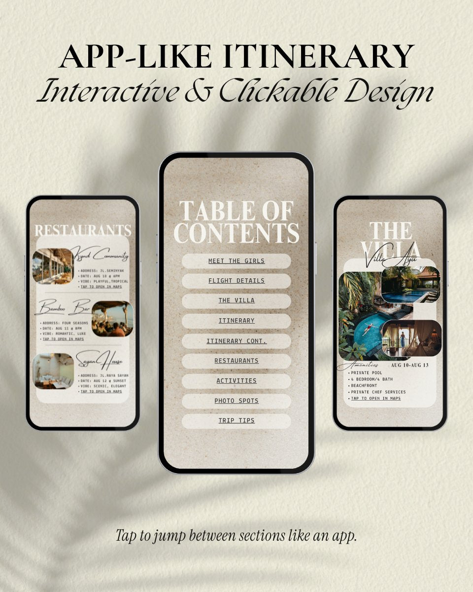 Interactive Bali girls trip itinerary template with clickable table of contents, restaurants, villa and activity pages, app-style Canva travel planner and digital invitation for Bali Indonesia with tap-to-navigate sections, editable digital itinerary for group travel weekend, bachelorette parties, and girls trips
