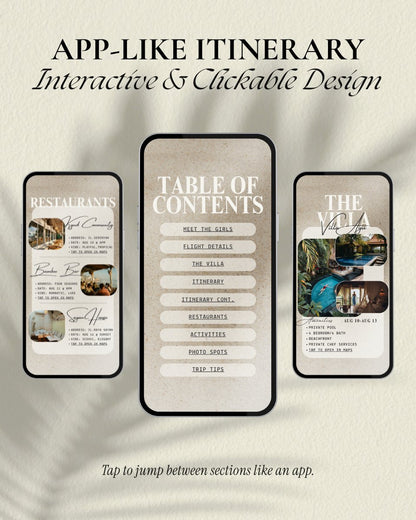 Interactive Bali girls trip itinerary template with clickable table of contents, restaurants, villa and activity pages, app-style Canva travel planner and digital invitation for Bali Indonesia with tap-to-navigate sections, editable digital itinerary for group travel weekend, bachelorette parties, and girls trips