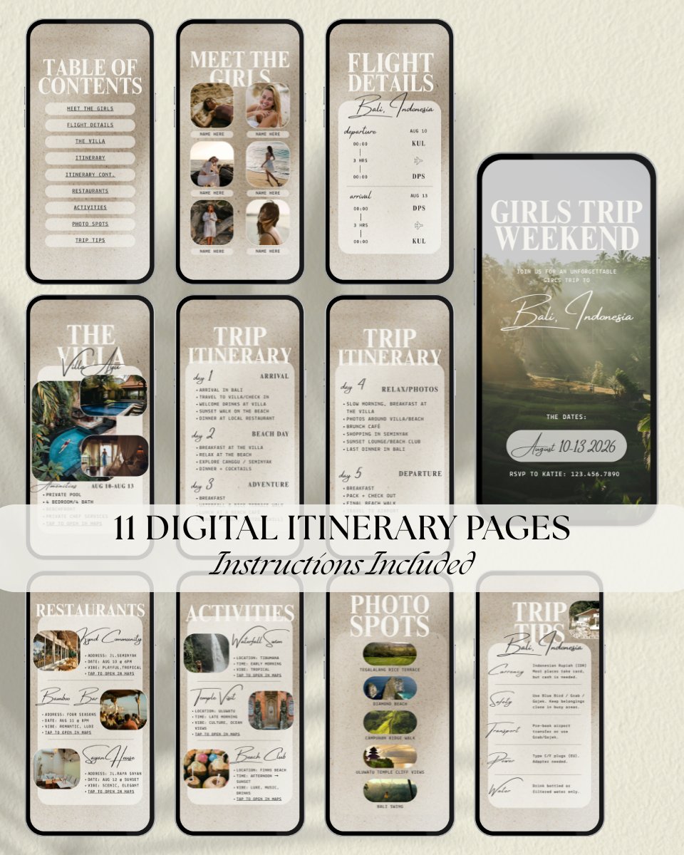 Bali luxury girls trip itinerary template preview showing 11 editable digital itinerary pages including table of contents, flight details, villa overview, daily trip planner, restaurants, activities and photo spots for a Bali Indonesia travel guide Canva download, digital invitation planner with interactive app like design and clickable google maps links