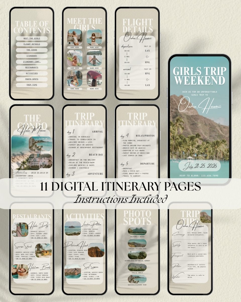 Oahu Hawaii girls trip itinerary template pages, editable Canva travel planner, bachelorette weekend itinerary, digital itinerary layout with activities, restaurants and travel plans in an interactive animated app-like design with clickable links for sharing