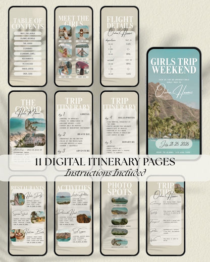 Oahu Hawaii girls trip itinerary template pages, editable Canva travel planner, bachelorette weekend itinerary, digital itinerary layout with activities, restaurants and travel plans in an interactive animated app-like design with clickable links for sharing