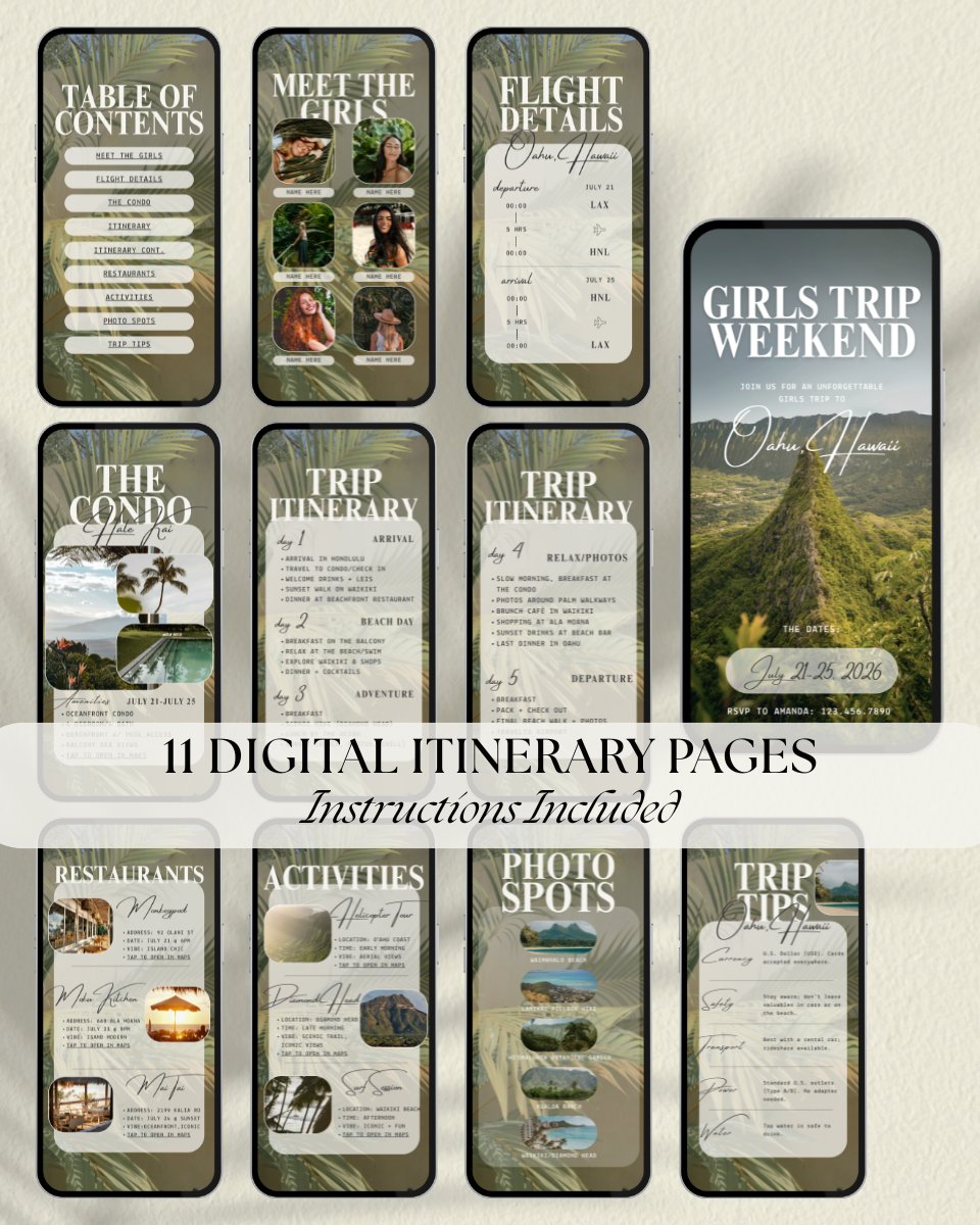 Oahu Hawaii aesthetic luxury girls trip itinerary template with 11 digital pages including flight details, condo, daily itinerary, restaurants, activities and photo spots – editable Canva travel planner download pdf, digital invitation for group trips and aesthetic girls trip travel