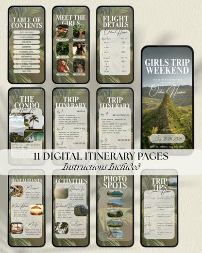 Oahu Hawaii aesthetic luxury girls trip itinerary template with 11 digital pages including flight details, condo, daily itinerary, restaurants, activities and photo spots – editable Canva travel planner download pdf, digital invitation for group trips and aesthetic girls trip travel