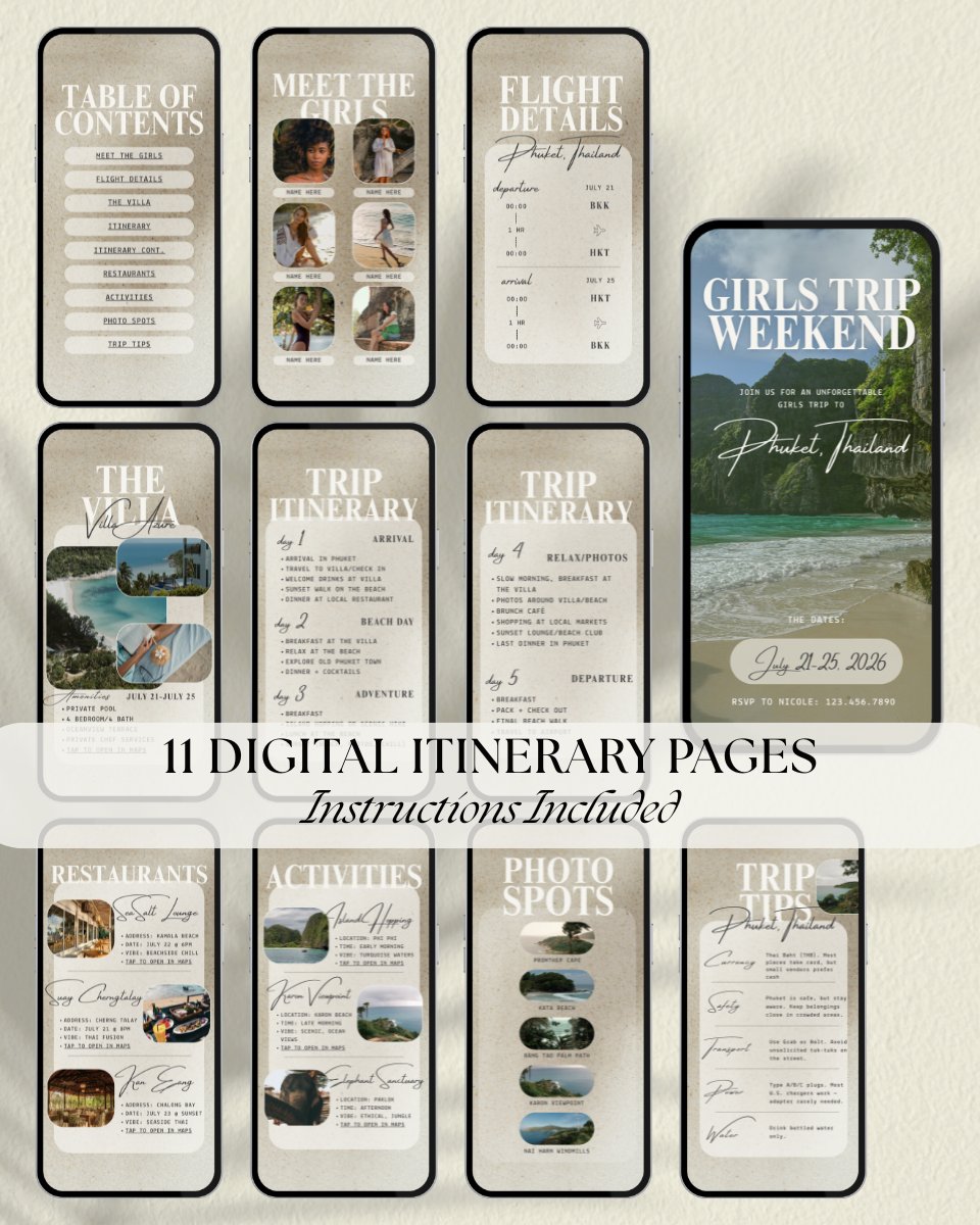 11 page luxury girls trip travel itinerary Canva template preview for phuket thailand vacation, digital invitation for vacation planning and group travel