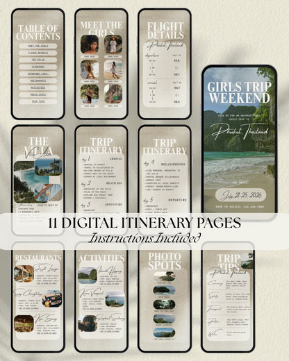 11 page luxury girls trip travel itinerary Canva template preview for phuket thailand vacation, digital invitation for vacation planning and group travel