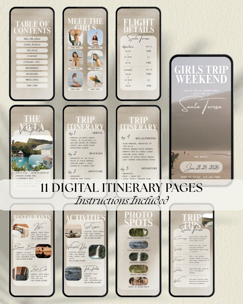 Luxury girls trip itinerary template pages preview for planning and sharing, canva digital download, digital invitation for vacation planning and group trips santa teresa costa rica