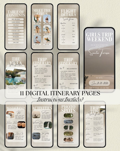 Luxury girls trip itinerary template pages preview for planning and sharing, canva digital download, digital invitation for vacation planning and group trips santa teresa costa rica