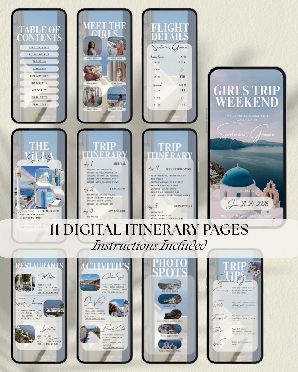 Santorini Greece luxury girls trip itinerary template preview, 11 digital itinerary pages including flight details, villa overview, daily itinerary, restaurants, activities and photo spots in a interactive app-like design, Canva editable travel planner for group vacation, bachelorette, and girls trips