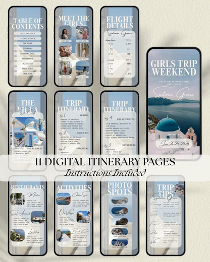 Santorini Greece luxury girls trip itinerary template preview, 11 digital itinerary pages including flight details, villa overview, daily itinerary, restaurants, activities and photo spots in a interactive app-like design, Canva editable travel planner for group vacation, bachelorette, and girls trips