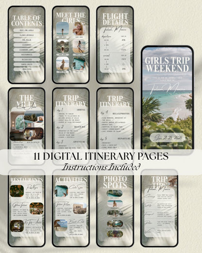 Mobile girls trip itinerary layout with interactive app-like design including pages for daily schedule, flight details, villa overview, restaurants, activities, photo spots, and trip tips for a Tulum, Mexico vacation
