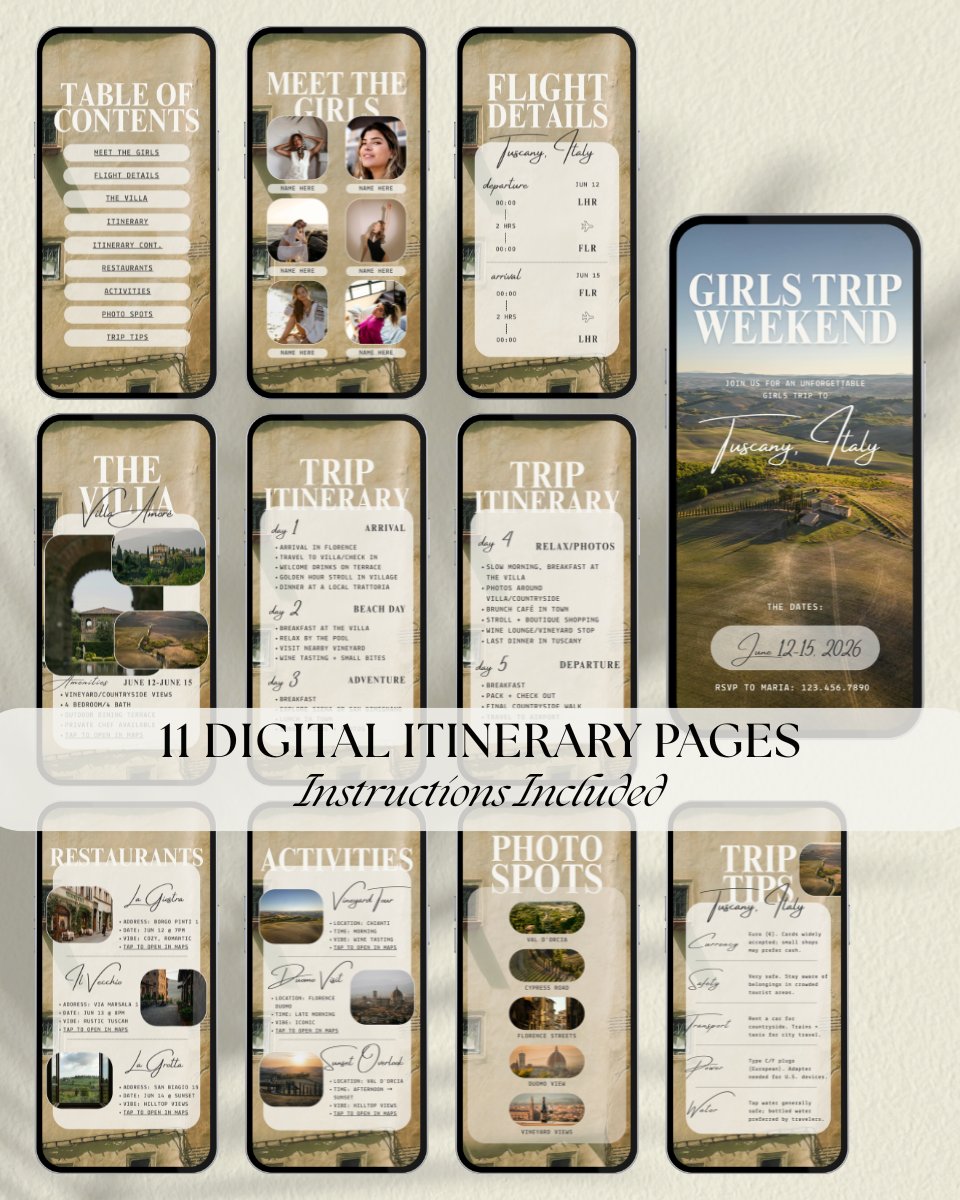 Tuscany Italy girls trip itinerary template pages preview for planning and sharing, fully customizable in canva, instant digital download, digital invitation for vacation planning and group travel