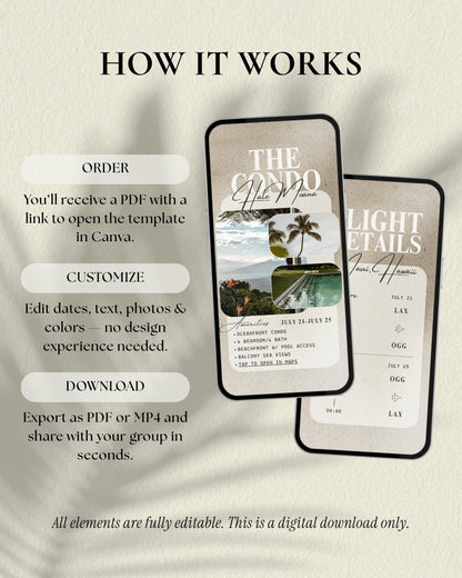 Digital invitation for Maui Hawaii girls trip itinerary template Canva digital download editable travel and vacation planner with flight details and condo overview