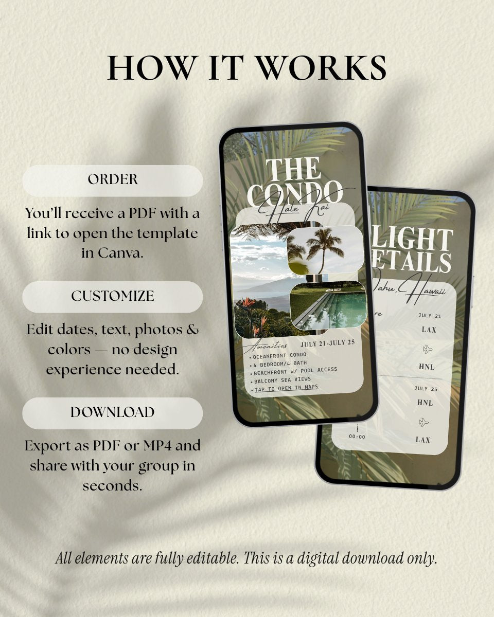 Oahu Hawaii girls trip itinerary template editable in Canva, luxury digital travel planner with flight details and condo overview, digital invitation planner for beach vacation and group trips