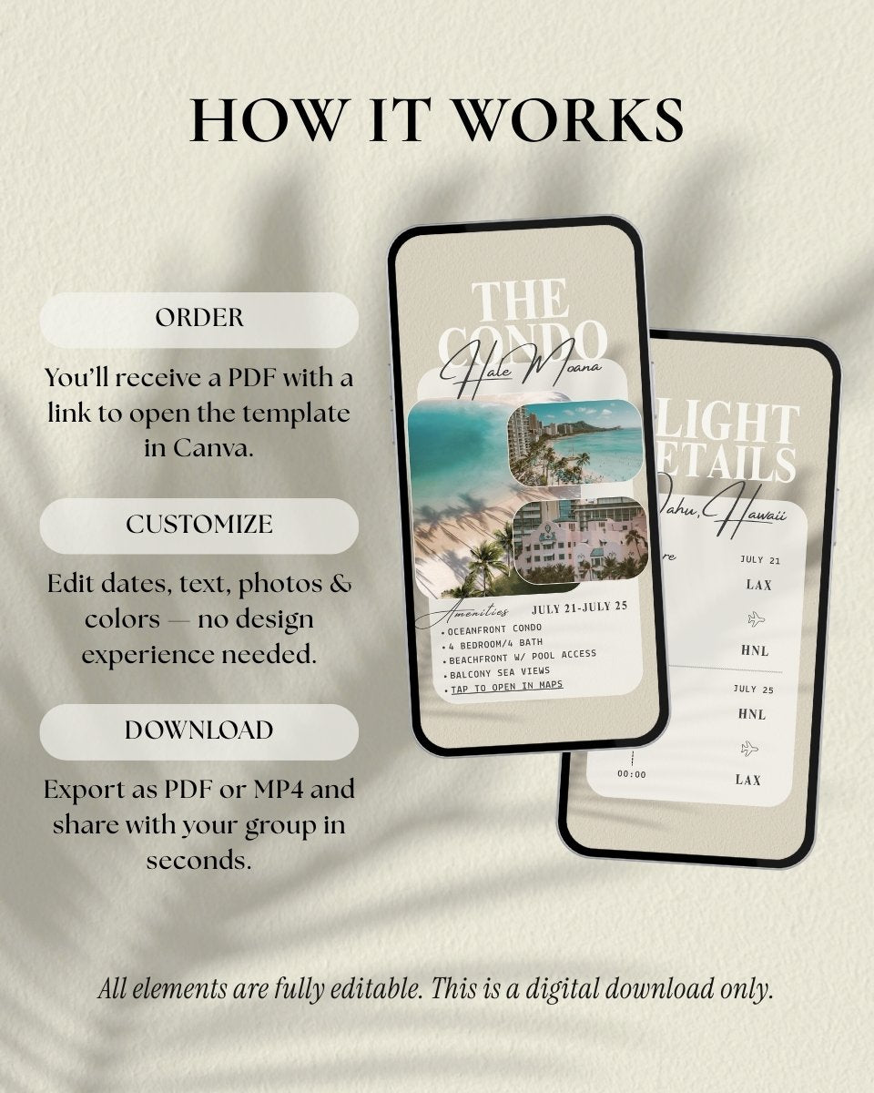 How to use Canva itinerary template, editable girls trip travel planner, digital download instructions, luxury Oahu Hawaii itinerary template, customizable vacation planner, digital invitation
