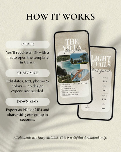 Luxury digital invitation for Phuket Thailand girls trip travel and vacation itinerary Canva template digital download instructions, how it works and what it includes