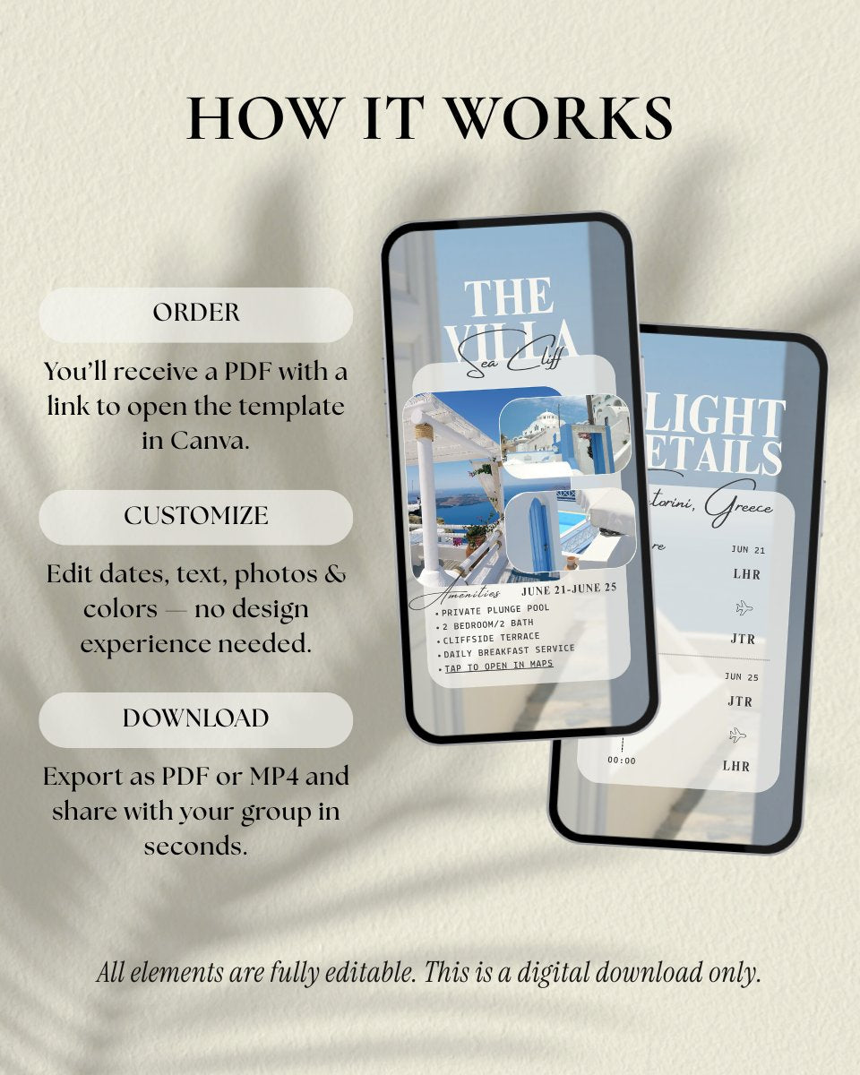 Santorini Greece editable travel itinerary template how it works, luxury Canva girls trip planner download, customizable Santorini bachelorette itinerary with flight details and villa overview, instant digital download, digital invitation for group travel