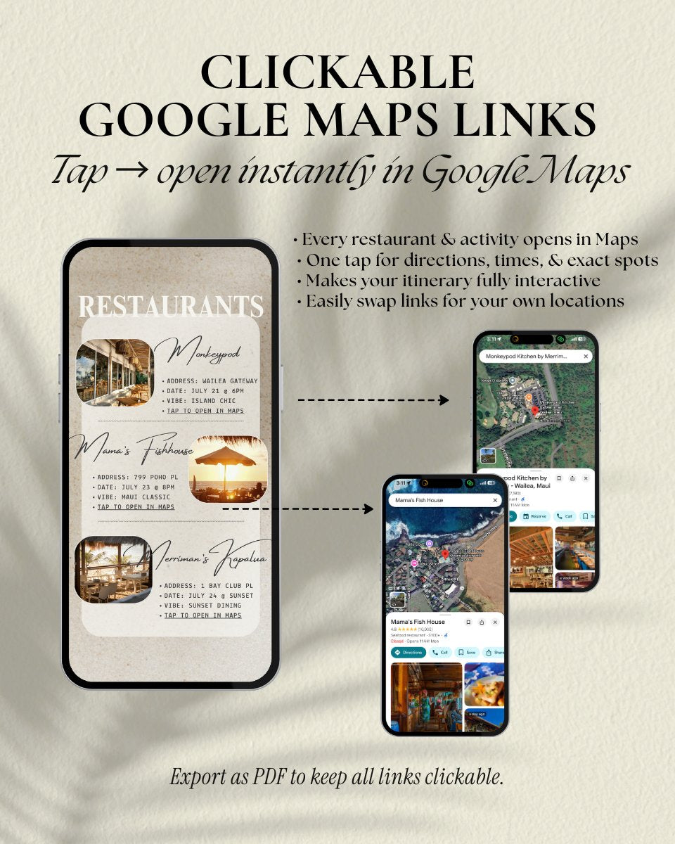 Maui Hawaii girls trip itinerary template with clickable Google Maps links, interactive luxury Canva travel planner download, digital invitation planner