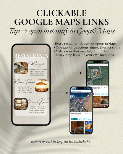 Maui Hawaii girls trip itinerary template with clickable Google Maps links, interactive luxury Canva travel planner download, digital invitation planner