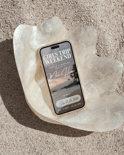 Luxury Maui Hawaii girls trip weekend itinerary template on iPhone, editable Canva vacation planner digital download, hawaii aesethetic travel planner, digital invitation for group trip