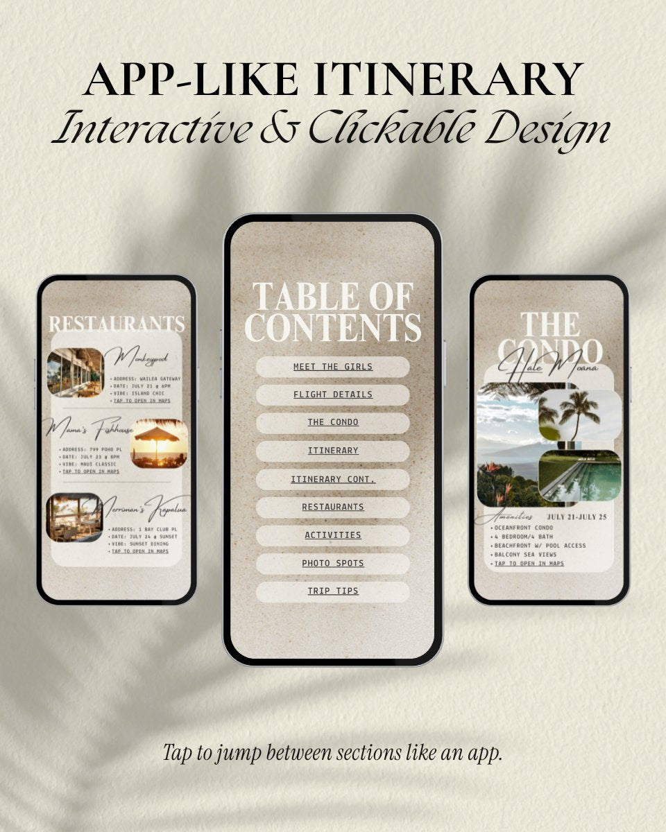 Interactive and app-like Maui Hawaii girls trip itinerary template with clickable sections, editable luxury Canva travel planner digital download, digital invitation for beach vacations and group travel