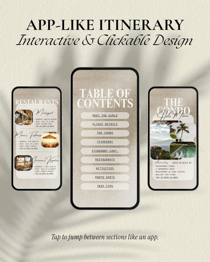 Interactive and app-like Maui Hawaii girls trip itinerary template with clickable sections, editable luxury Canva travel planner digital download, digital invitation for beach vacations and group travel