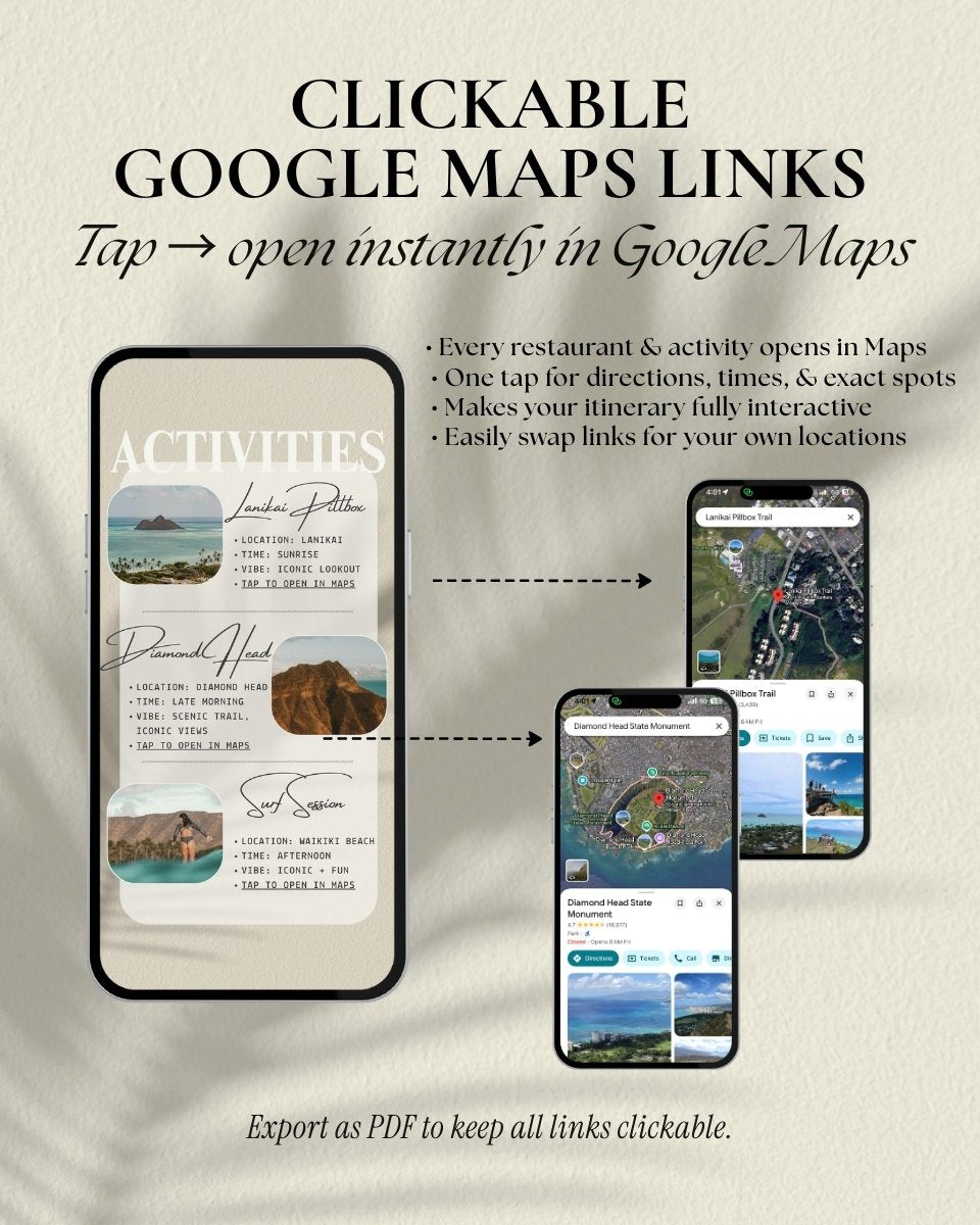 Oahu Hawaii itinerary with clickable Google Maps links, interactive travel planner Canva template, girls trip itinerary with map locations, digital vacation planner for group travel and tropical getaways
