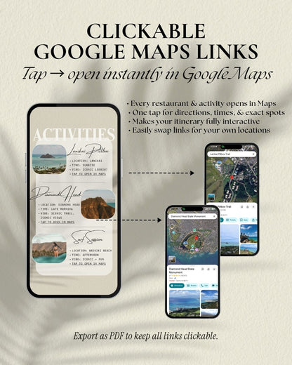 Oahu Hawaii itinerary with clickable Google Maps links, interactive travel planner Canva template, girls trip itinerary with map locations, digital vacation planner for group travel and tropical getaways