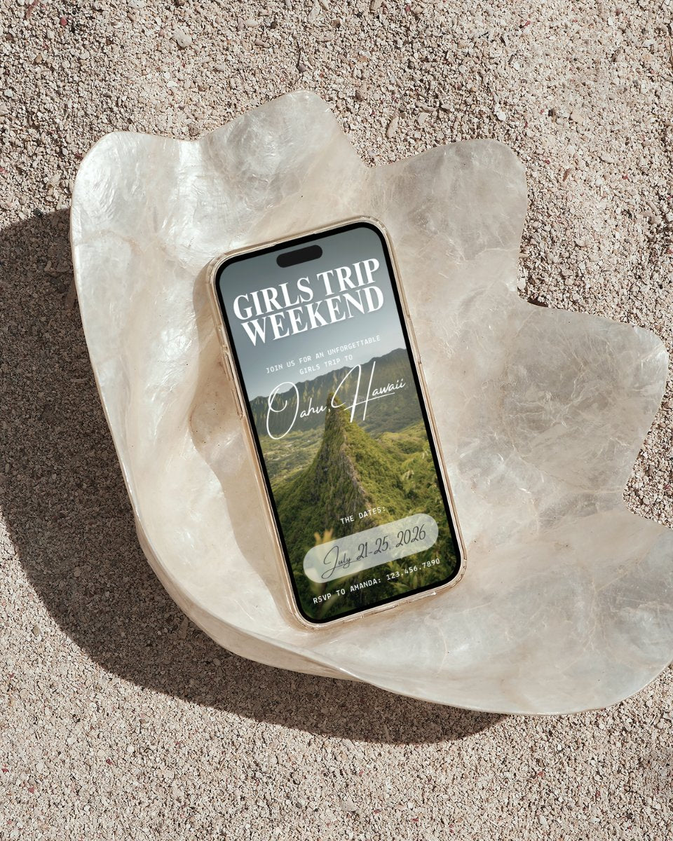 Luxury Oahu Hawaii girls trip itinerary Canva template cover on iPhone beach mockup digital download, digital invitation for beach vacations, bachelorette, and group trips