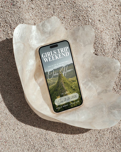 Luxury Oahu Hawaii girls trip itinerary Canva template cover on iPhone beach mockup digital download, digital invitation for beach vacations, bachelorette, and group trips