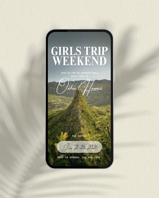 Oahu Hawaii luxury girls trip itinerary template, editable Canva travel and vacation planner digital download for bachelorette weekend and group trips, digital invitation for hawaii beach vacation