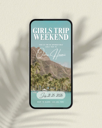 Oahu girls trip itinerary template cover, tropical blue Canva travel planner, Hawaii weekend itinerary, digital download