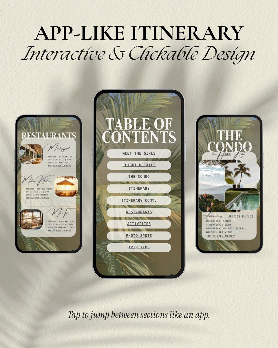 Oahu Hawaii girls trip itinerary template with clickable table of contents, interactive Canva travel planner for restaurants, activities and condo details, digital invitation for group trips