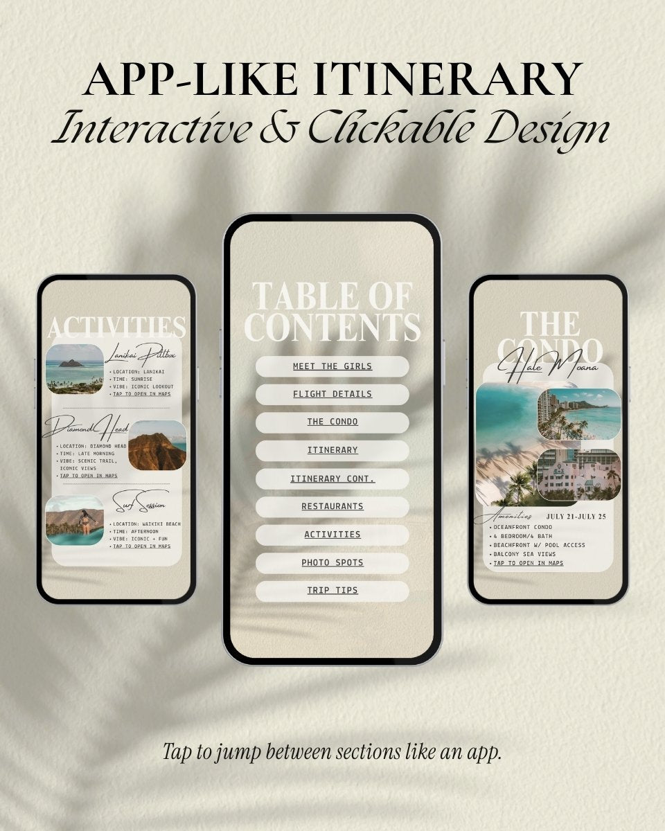 Oahu girls trip animated itinerary template with app-like design, interactive Canva travel planner, clickable digital itinerary, Hawaii bachelorette weekend planner for tropical vacations and group travel