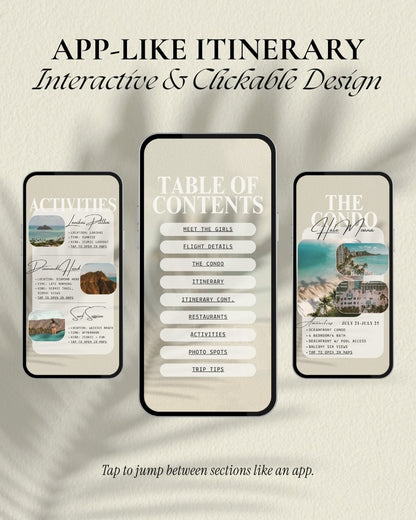 Oahu girls trip animated itinerary template with app-like design, interactive Canva travel planner, clickable digital itinerary, Hawaii bachelorette weekend planner for tropical vacations and group travel