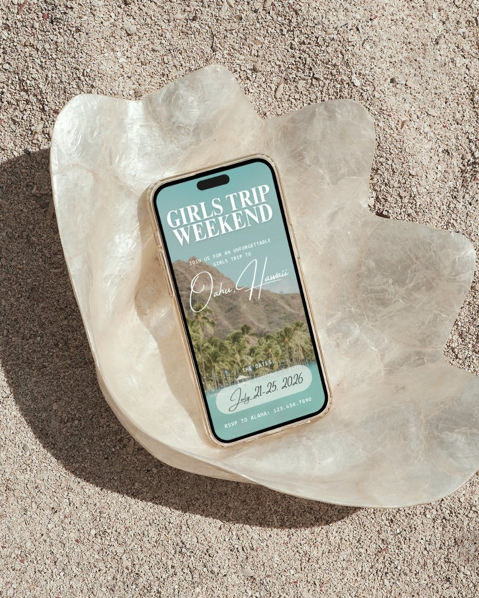 Aesthetic tropical girls trip itinerary laying in a seashell on the beach on iphone, Oahu Hawaii travel planner template, luxury editorial vacation invite, beachy Canva itinerary design