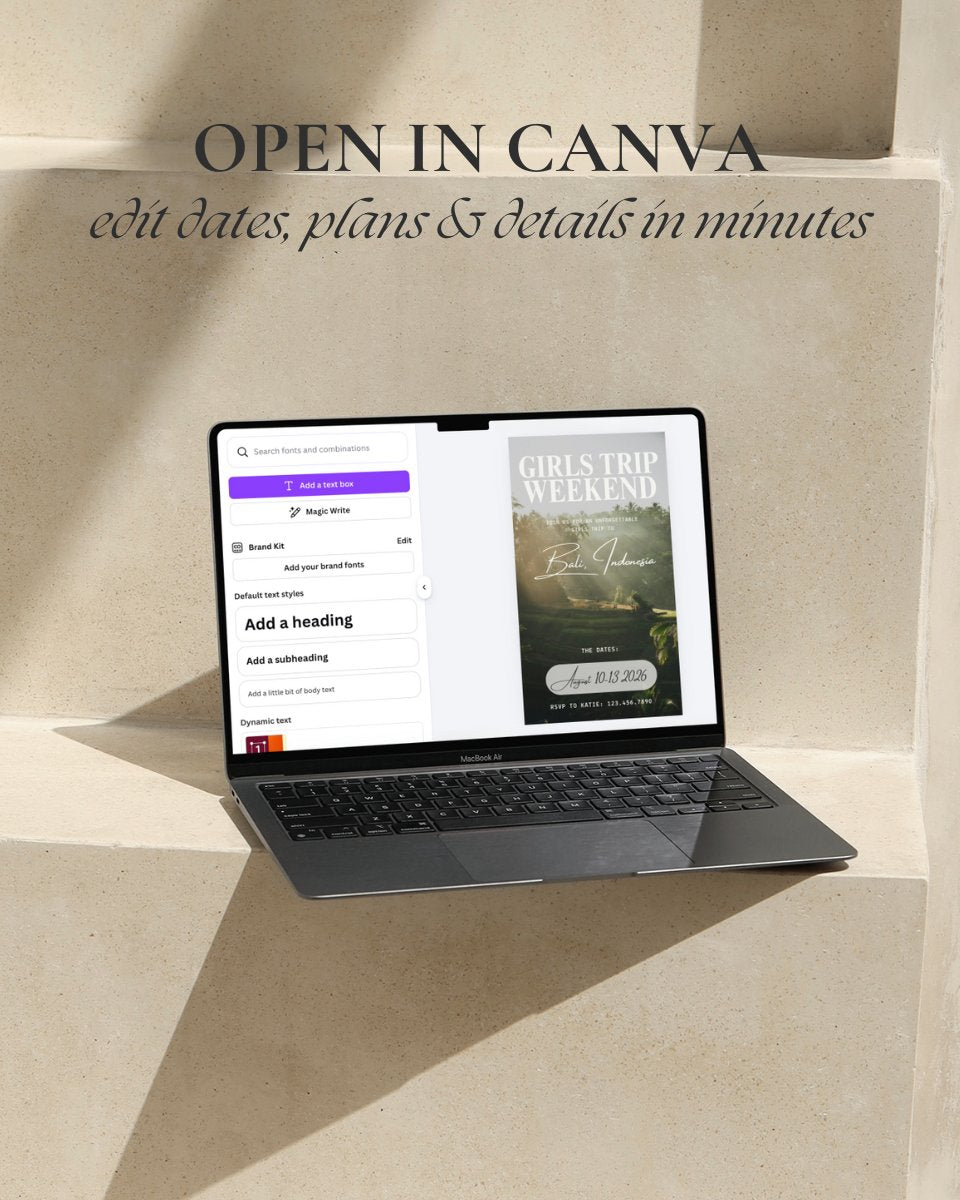 Bali girls trip itinerary template opened in Canva on laptop, fully editable Canva travel itinerary for Bali Indonesia, customize dates, plans, activities and trip details in minutes, instant digital download weekend itinerary template and digital invitation for group travel, bachelorette trips, and girls trips
