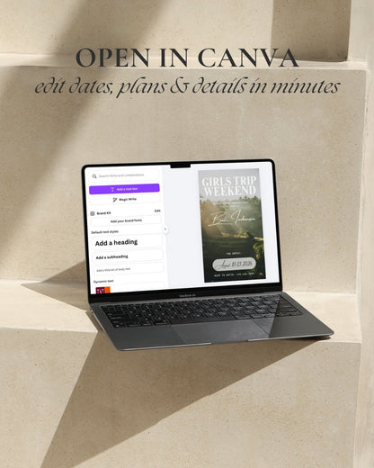 Bali girls trip itinerary template opened in Canva on laptop, fully editable Canva travel itinerary for Bali Indonesia, customize dates, plans, activities and trip details in minutes, instant digital download weekend itinerary template and digital invitation for group travel, bachelorette trips, and girls trips