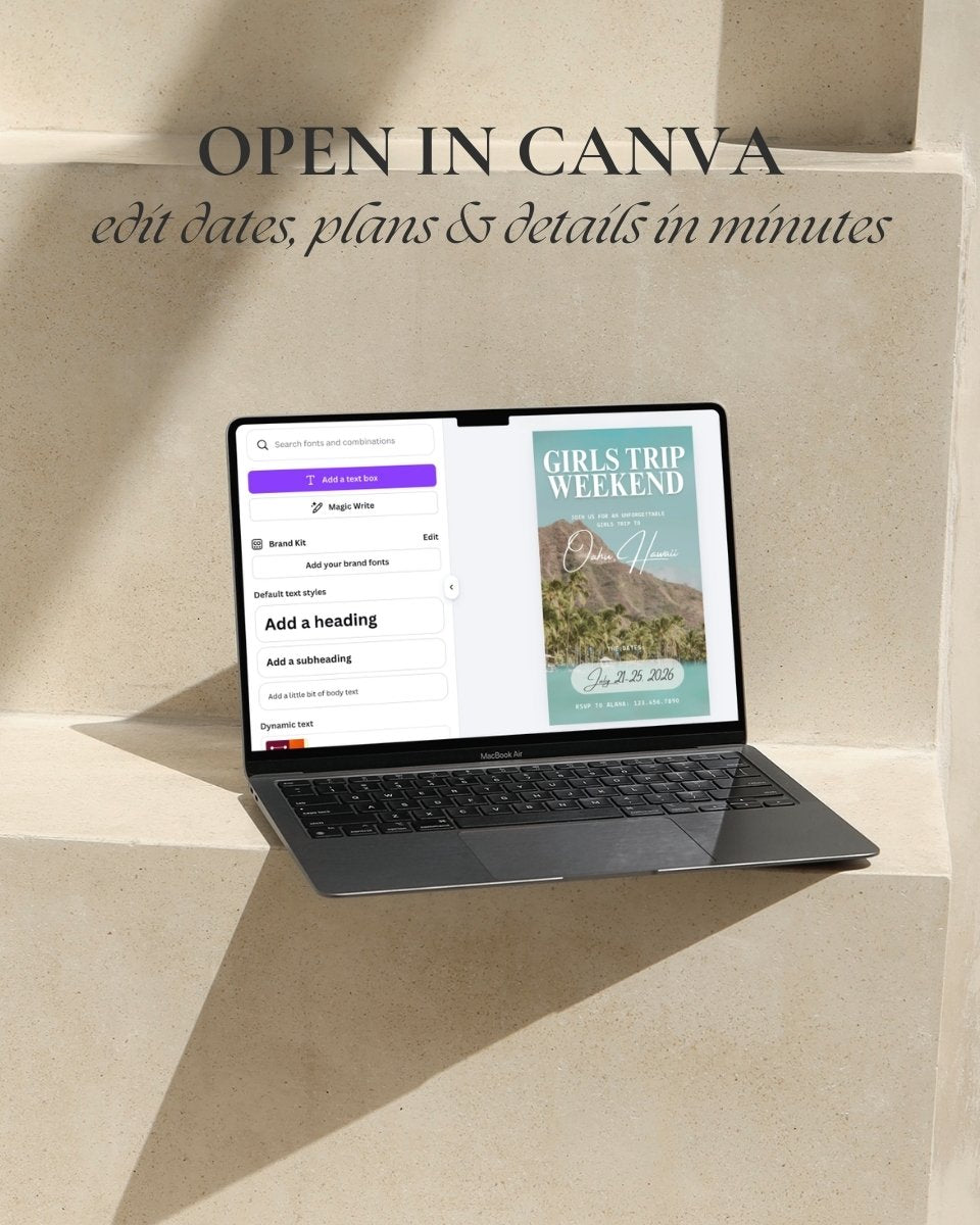 Editable Canva girls trip itinerary template open on laptop, Oahu Hawaii luxury travel planner for tropical vacations, digital bachelorette itinerary, customizable trip details and design