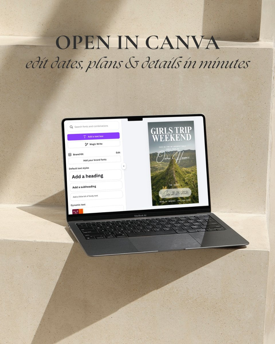 Luxury Oahu Hawaii girls trip itinerary template editable in Canva, digital travel planner for group vacation planning, digital invitation download