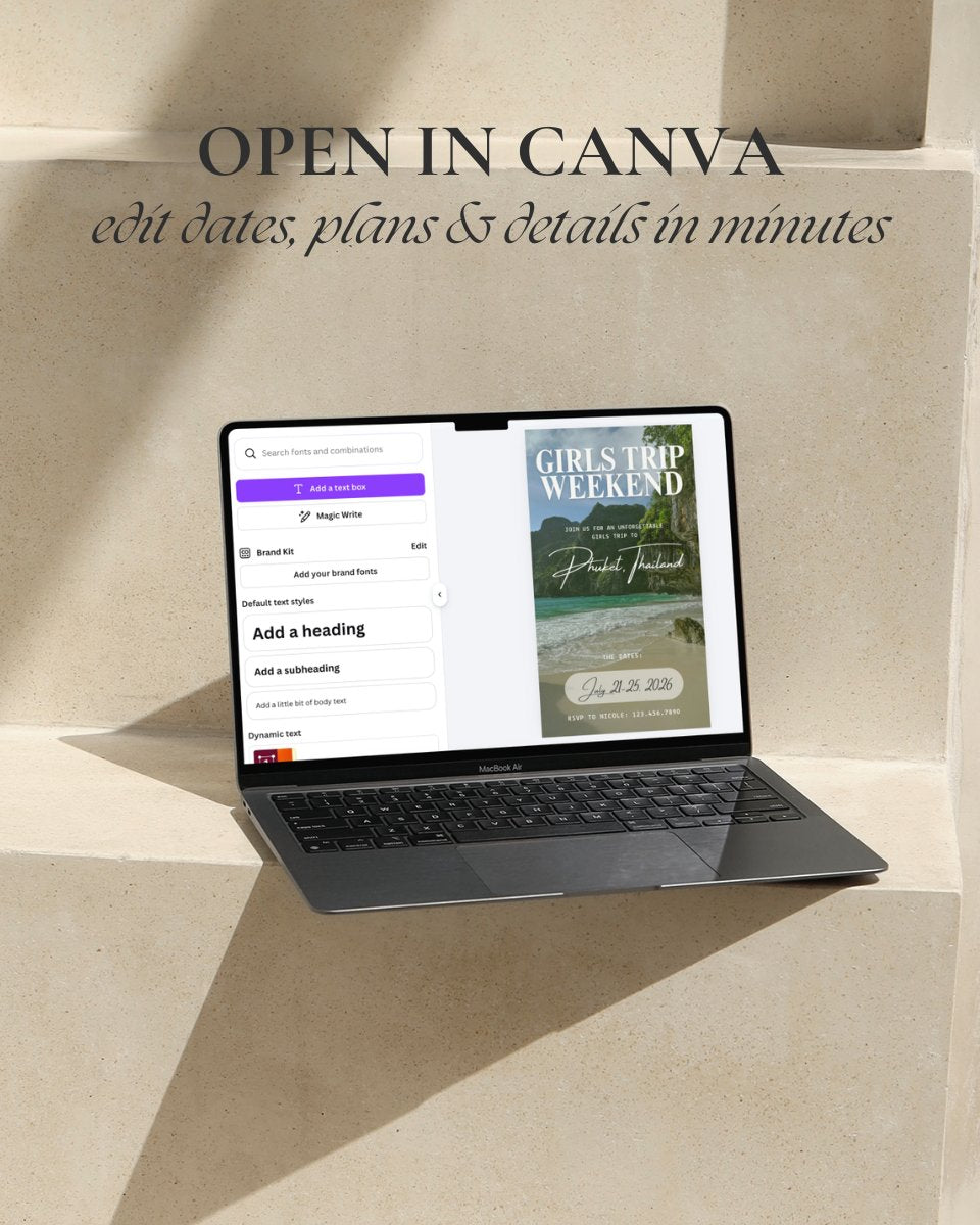 Digital Invitation Fully Editable in Canva – customize your Phuket Thailand girls trip itinerary, travel plans, dates & details in minutes, luxury travel itinerary template